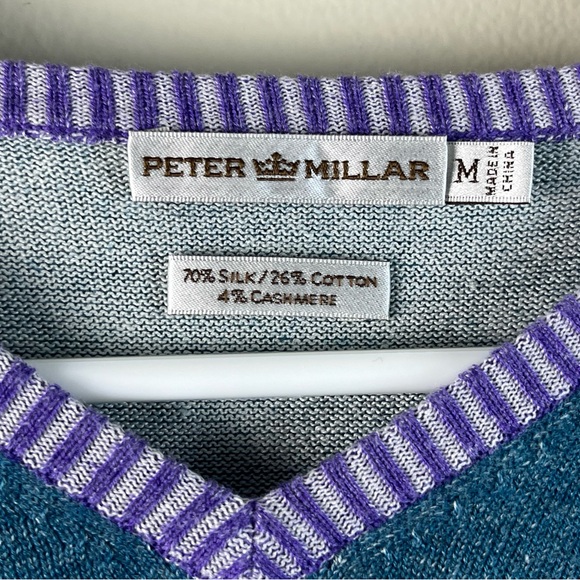 Peter Millar Medium Blue V-Neck Sweater Purple & White Trim-Silk Cashmere Cotton - Picture 3 of 6